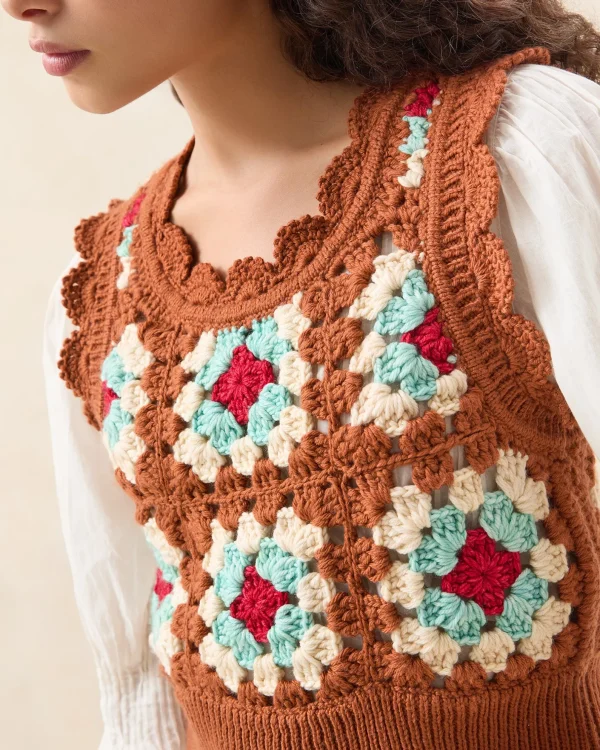 Best Eddie Brown/Cream Floral Vest Knitwear | Tops