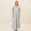 Fashion Gillian Blue Floral Puff-Sleeve Dress Dresses