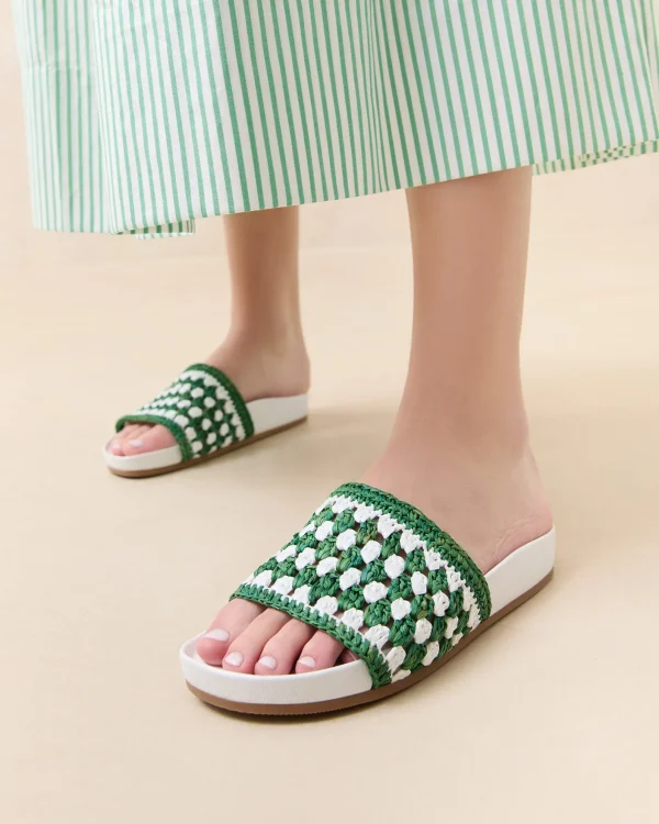 New Henri Green/White Crochet Raffia Sandal Flat Sandals