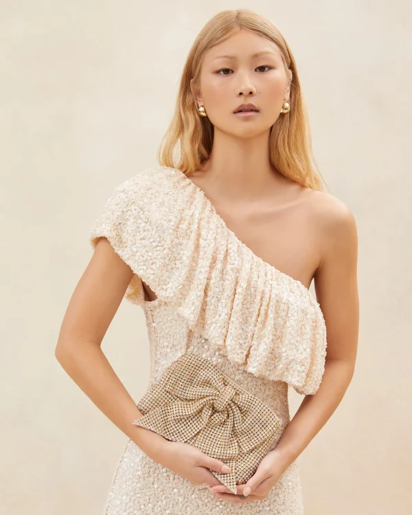 Shop Jolene Gold Diamanté Bow Clutch FOR THE BRIDE | Clutches