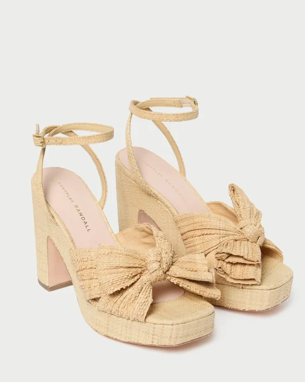 Hot Lucia Natural Pleated Bow Platform Heeled Sandals