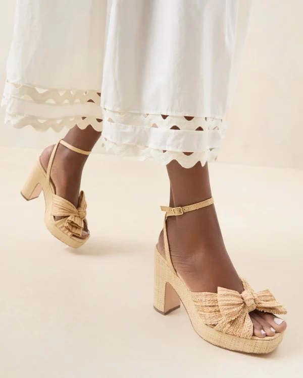Hot Lucia Natural Pleated Bow Platform Heeled Sandals