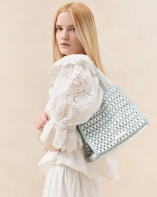 Store Missy Blue/Cream Crochet Tote Totes