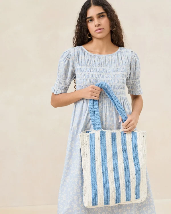Outlet Orion Blue/White Raffia Tote Casual Staples | Totes